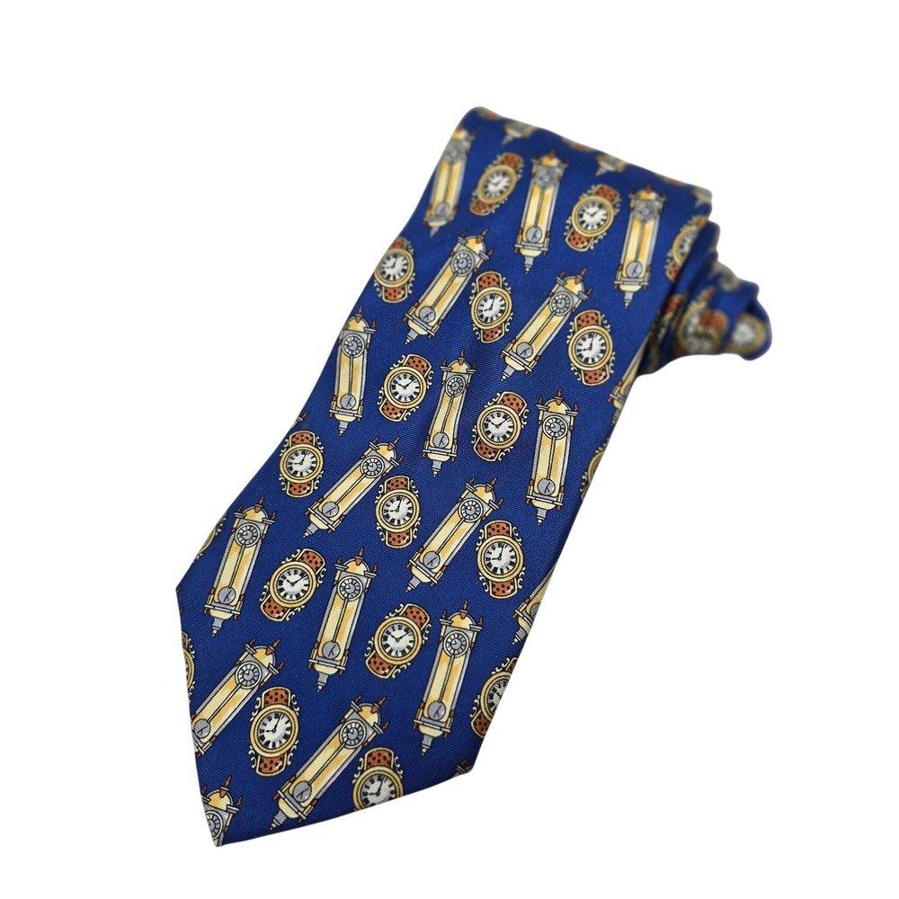 Harrods Silk Tie Mens Blue Grandfather Clock Watch Novelty Made in England 60"